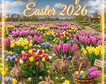 Carte de vœux numérique de Pâques 2026 – Prairie fleurie printanière avec de mignons lapins.