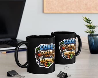 Tazza con scritta "Code Coffee Repeat" / Regalo per programmatori