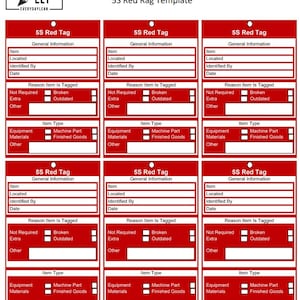 May include: A template titled "5S Red Rag Template" with red and white boxes for general information, item type, and reasons for tagging. The top left corner has the text "ELT - Everyday Lean".