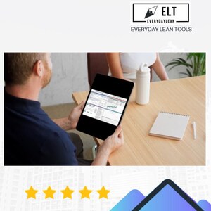 May include: A person holding a tablet showing a spreadsheet with charts and data. The tablet is on a wooden table, with a white notebook, pen, and water bottle. The Everyday Lean Tools logo is at the top.