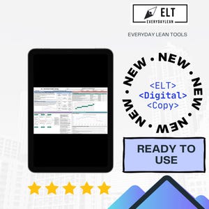 May include: A black tablet showing a spreadsheet with data and charts. The image includes the text "ELT Everyday Lean Tools", "NEW", "<ELT> <Digital> <Copy>", and "READY TO USE". Five gold stars are at the bottom.