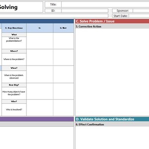 May include: A3 - Structured Problem Solving template. The document is white with blue, red, purple, and teal sections. The title "A3 - Structured Problem Solving" is at the top left. Sections include problem description, goal statement, root cause, and solution validation.