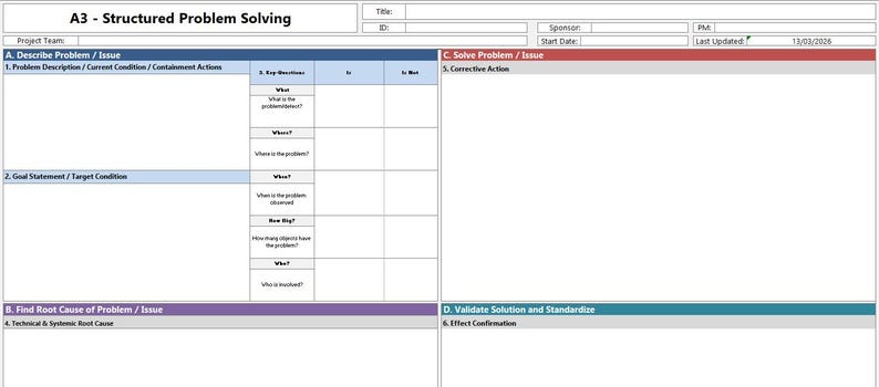 May include: A3 - Structured Problem Solving template. The document is white with blue, red, purple, and teal sections. The title "A3 - Structured Problem Solving" is at the top left. Sections include problem description, goal statement, root cause, and solution validation.
