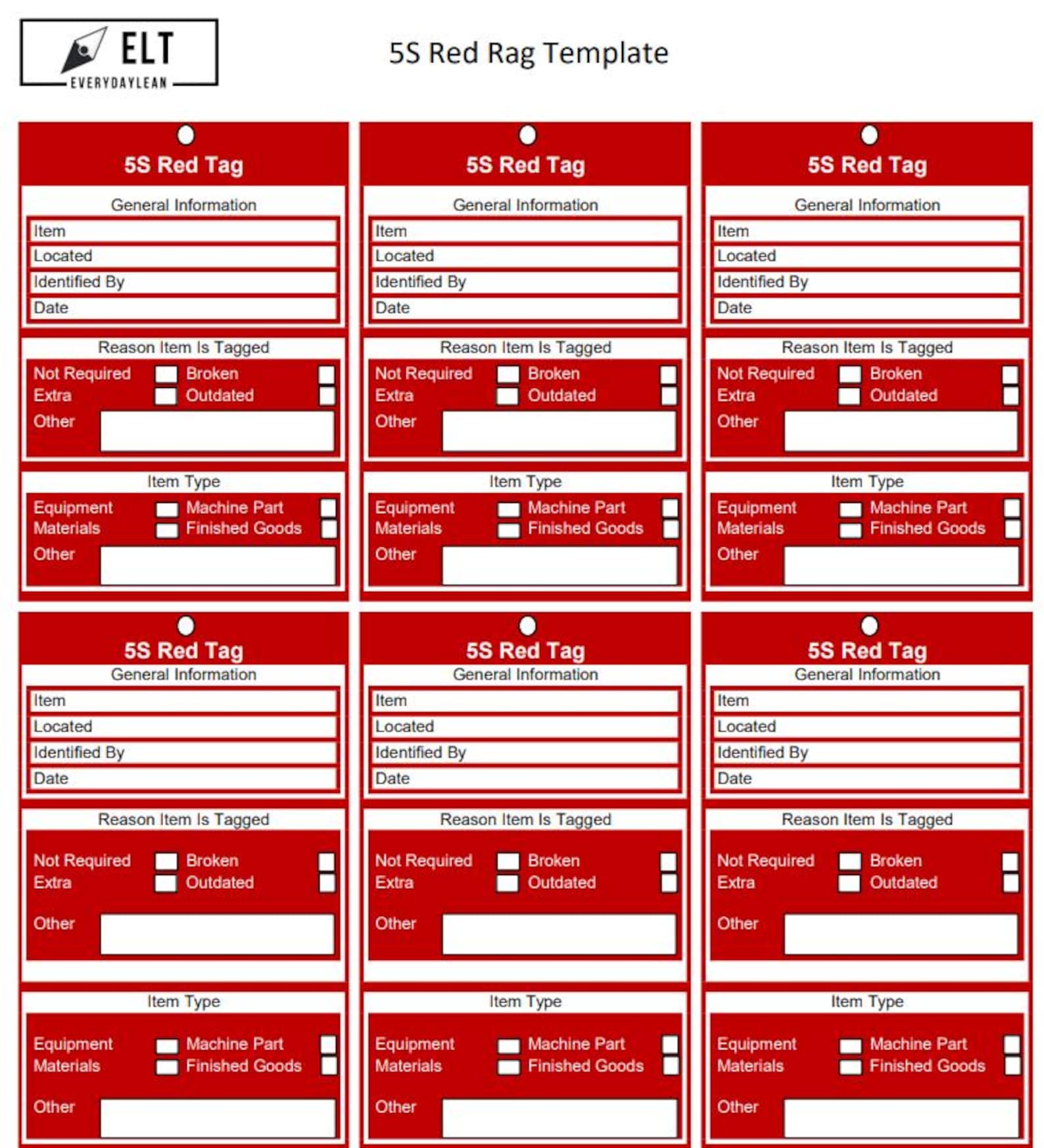 5S Red Tag Printable Template – Lean Workplace Organization (PDF ...