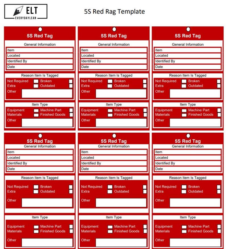 5S Red Tag Printable Template – Lean Workplace Organization (PDF ...