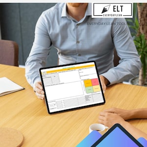 May include: A person holding a tablet displaying a business report with a white background and colorful sections. The tablet is on a wooden table. The top right corner of the image has the text "ELT EVERYDAYLEAN".