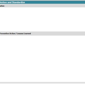 May include: A white document with a teal header and grey horizontal bars. The text includes "D. Validate Solution and Standardize", "6. Effect Confirmation", and "7. Read Across / Preventive Action / Lessons Learned".
