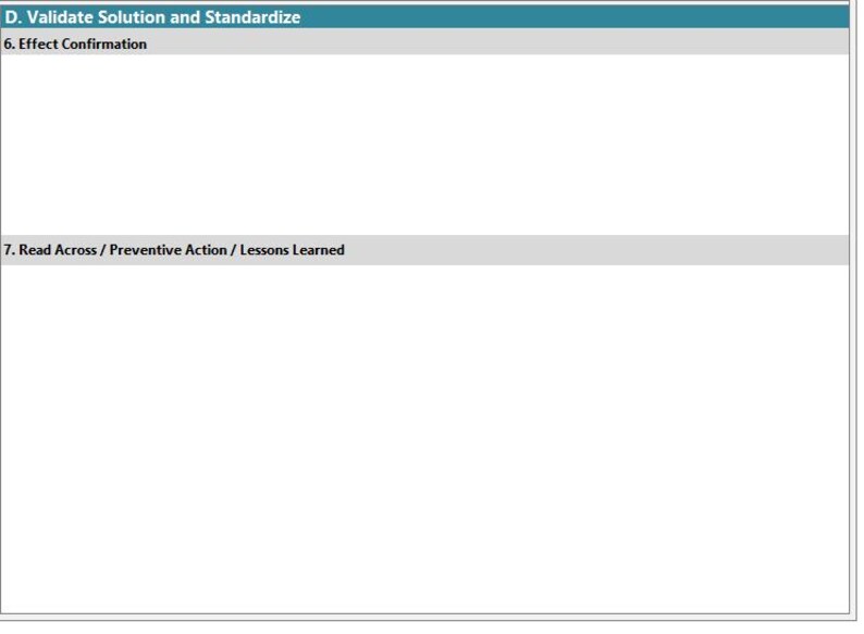 May include: A white document with a teal header and grey horizontal bars. The text includes "D. Validate Solution and Standardize", "6. Effect Confirmation", and "7. Read Across / Preventive Action / Lessons Learned".