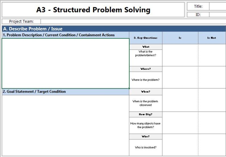 May include: A problem-solving template, titled "A3 - Structured Problem Solving." The document is designed for project teams and includes sections for describing the problem, key questions, and goal statements to analyse and resolve issues.