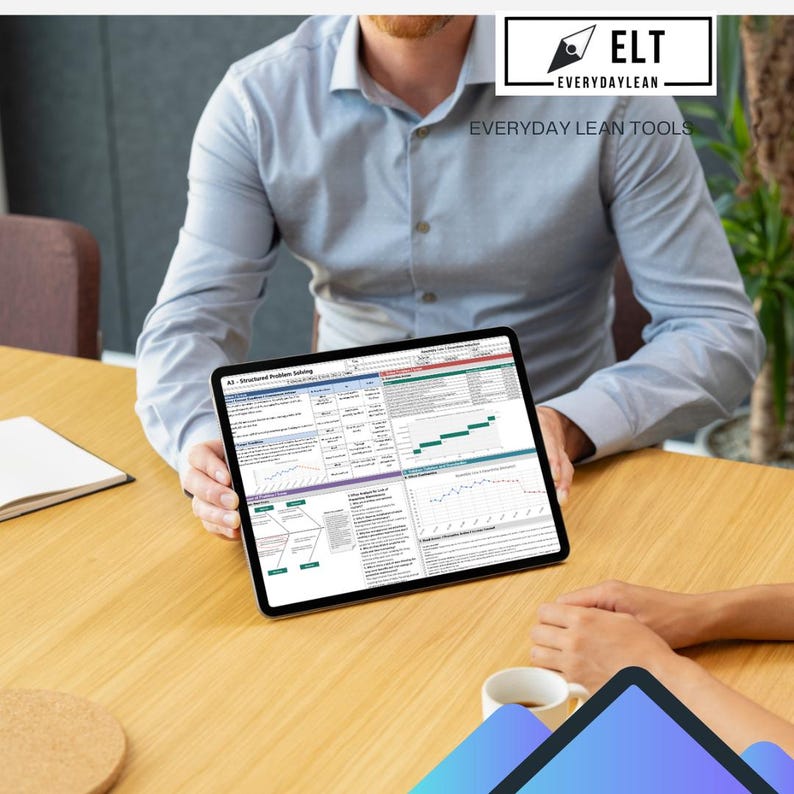 May include: A tablet displaying a spreadsheet with charts and data is held by a person wearing a blue shirt. The tablet is on a wooden table. The text "ELT Everyday Lean Tools" is visible in the upper right corner.