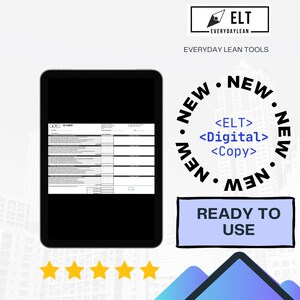 Puede incluir: Una tableta negra que muestra un documento con filas y columnas. La imagen incluye el texto "ELT Everyday Lean Tools", "NEW", "<ELT> <Digital> <Copy>" y "READY TO USE". Hay cinco estrellas doradas en la parte inferior.
