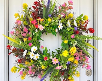 Wieniec kwiatowy w stylu boho na drzwi wejściowe, kolorowy wianek z dzikich kwiatów, sztuczna dekoracja drzwi na wiosnę i lato, dekoracja ścienna w stylu rustykalnym