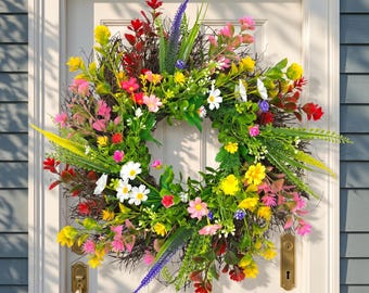 Ghirlanda floreale boho per la porta d'ingresso, ghirlanda di fiori selvatici dai colori pastello, ghirlanda floreale artificiale per la porta, decorazione rustica per primavera ed estate.