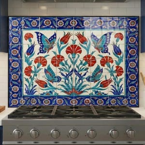 Iznik Ceramic Tile Mural – Butterfly & Carnation Kitchen Backsplash