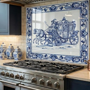 May include: A kitchen backsplash features a blue and white carriage scene with floral border. The kitchen includes a stainless steel range, blue cabinets, and decorative blue and white jars.