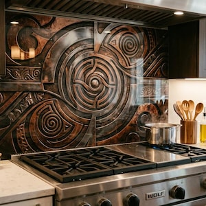 Dosseret de cuisine steampunk - Art mural en verre effet métal bronze - Protecteur de poêle résistant à la chaleur - Décoration rustique