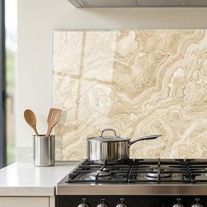 Marble-Look Modern Kitchen Glass Countertop Backsplash - Onyx Pattern Tempered Glass Cooktop Protector