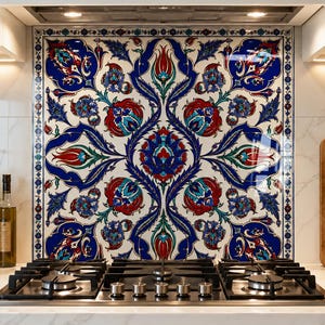 Op de afbeelding: Een vierkante decoratieve tegelachterwand met een symmetrisch bloemmotief in tinten diepblauw, rood en groen op een witte achtergrond, geplaatst achter een roestvrijstalen gaskookplaat met vijf branders en zilverkleurige bedieningsknoppen.
