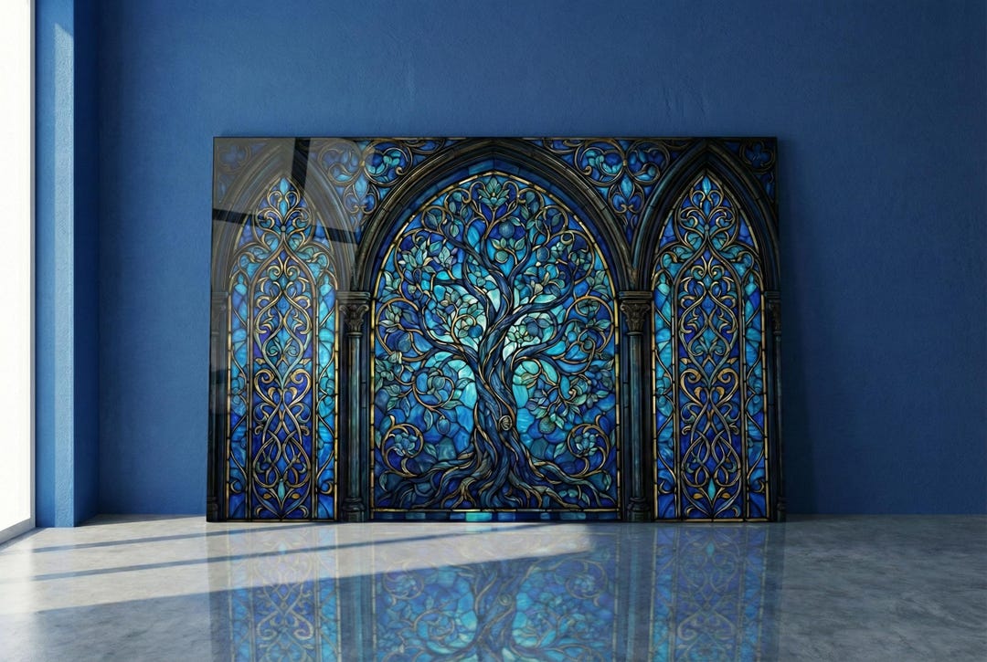 Stained Glass Style Tree of Life Wall Art | Blue Gothic Window Print on ...
