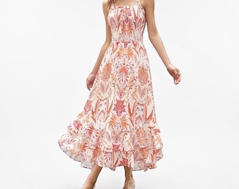 Floral Boho Maxi Kleid Square Neck Sommerkleid