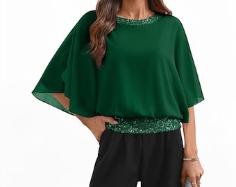 Pailletten Chiffon Batwing Hochzeit Bluse