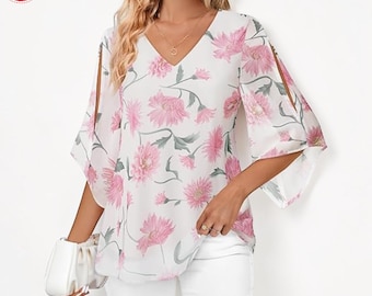 Damen Rüschen Chiffon Tunika Bluse mit V-Ausschnitt