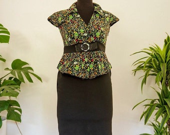 Vintage Black and Green Floral Midi Pencil Dress