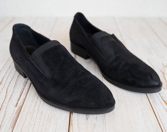 Vintage Black Suede Slip On Flat Shoes