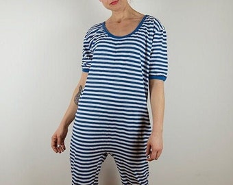 NOS Vintage Blue Striped Baggy Capri Pants Jumpsuit