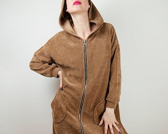 Vintage Brown Zipper Hooded Robe Coat