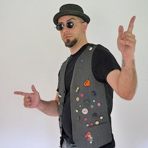 Vintage Reconstructed Vest Mixed Buttons Grey and Black Waistcoat