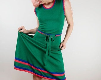 Vintage Green Knit A Line Tie Belt Sleeveless Midi Dress