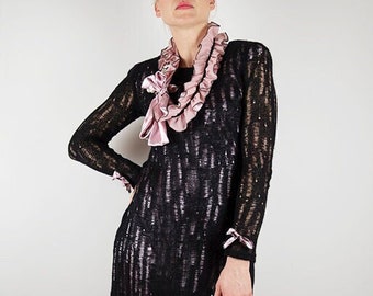 Vintage Rinascimento Rose Satin Black Knit Layered Ruffle Long Sleeve Midi Dress