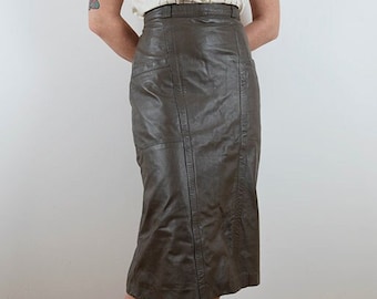Vintage Taupe Leather Midi Pencil Skirt