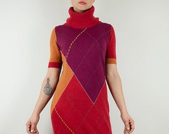 Vintage Benetton Red Argyle Knit Turtleneck Short Sleeve Mini Sweaterdress