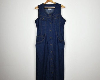 Vintage Dark Blue Denim Sleeveless Button Front Maxi Shirtdress
