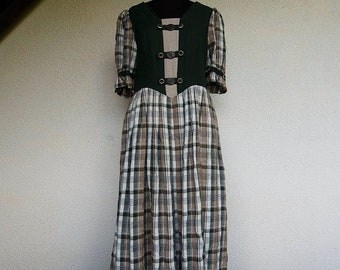 Vintage Green and Beige Plaid Short Puffy Sleeve Maxi Dirndl Dress