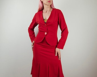 Vintage Red Trumpet Midi Skirt and Peplum Jacket Suit