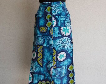 Vintage Handmade Blue Abstract Print Button Front Maxi Skirt