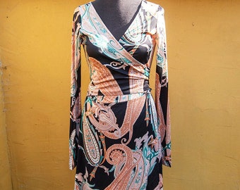 Vintage Paisley Print Stretchy Long Sleeve Midi Wrap Dress