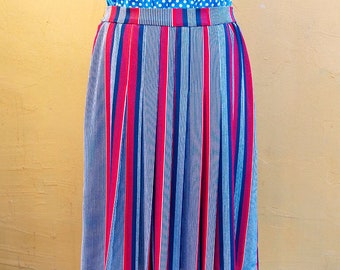 Vintage Red Navy and White Striped Pleated Midi Skirt