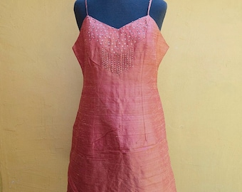 Vintage Burnt Orange Raw Silk Beaded Mini Tunic Dress