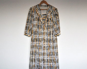 Vintage Abstract Brush Strokes Print Oversized Mid Sleeve Midi Dress