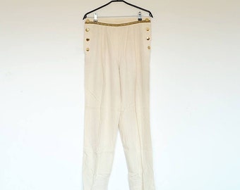 Vintage Cream and Gold Trim Pleated Tapered High Waist Preppy Pants