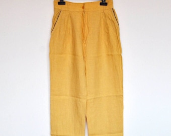 Pantalon fuselé taille haute jaune en lin vintage