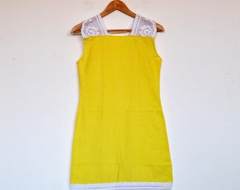 Vintage Handmade Yellow Linen Summer Dress with White Lace Detailing