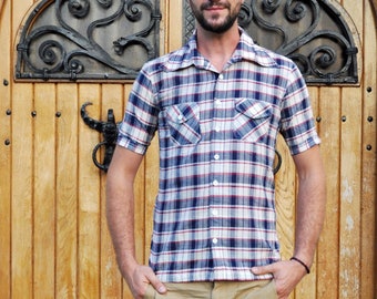 Camisa Oxford con botones de manga corta a cuadros vintage