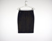 Vintage Indigo Blue and Gold Painted Denim High Waist Midi Pencil Skirt