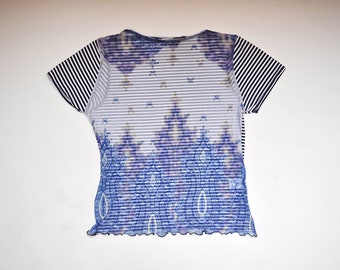 42 60s embroidered fabricblue and white semi sheer sewing fabric yardagelace fabric single length