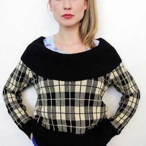 Vintage Black and Cream Plaid Cowl Neck Sweater image 3